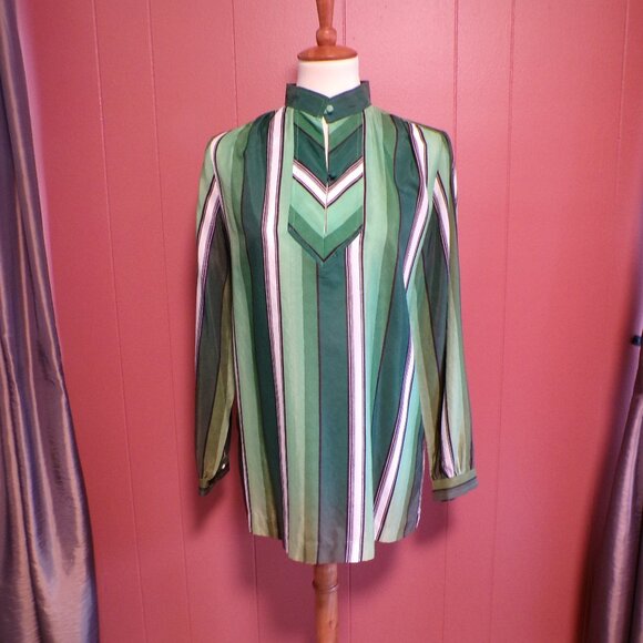 WILROY TRAVELLER Women's Retro 1970/1980 Style Satin Green & White Striped Shirt - Picture 1 of 8